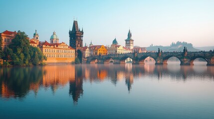 Fototapeta premium A picturesque river scene with buildings and a stone bridge