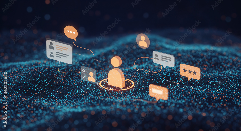 Poster digital user profile and social media communication network, glowing icons floating over abstract bl