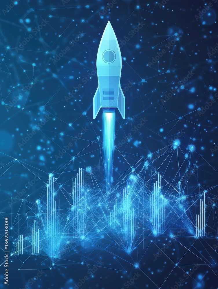 Aufkleber abstract growth graph chart with launch rocket on technology blue background. startup and success bu
