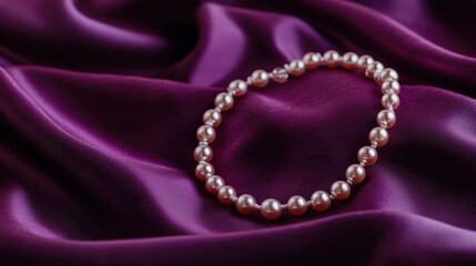 Fototapeta premium A delicate pearl necklace rests on luxurious purple satin fabric, exuding elegance and sophistication.