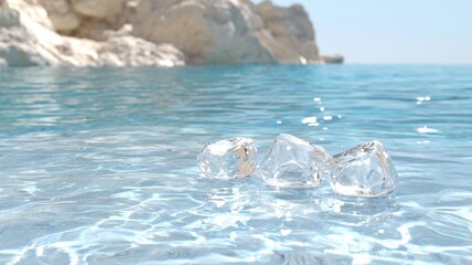 Fototapeta premium Crystal-clear turquoise ocean with ice cubes floating, set against rocky cliffs under a sunny blue sky.