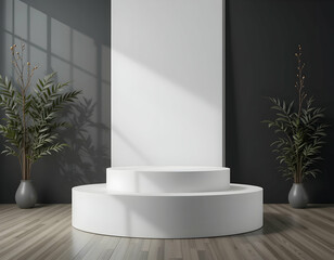 White Product Display Podium with Elegant Plants and Soft Light