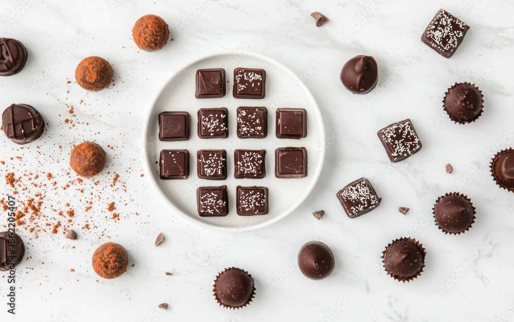Poster assortment of dark chocolate truffles and squares arranged on a marble surface. the chocolates vary 