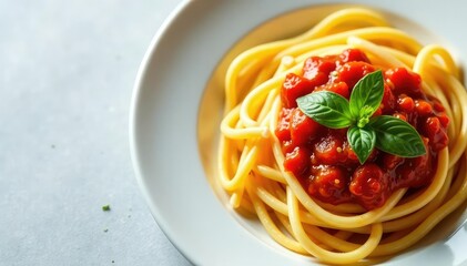 Overhead shot of fresh pasta with tomato sauce , spaghetti, comfort food, red