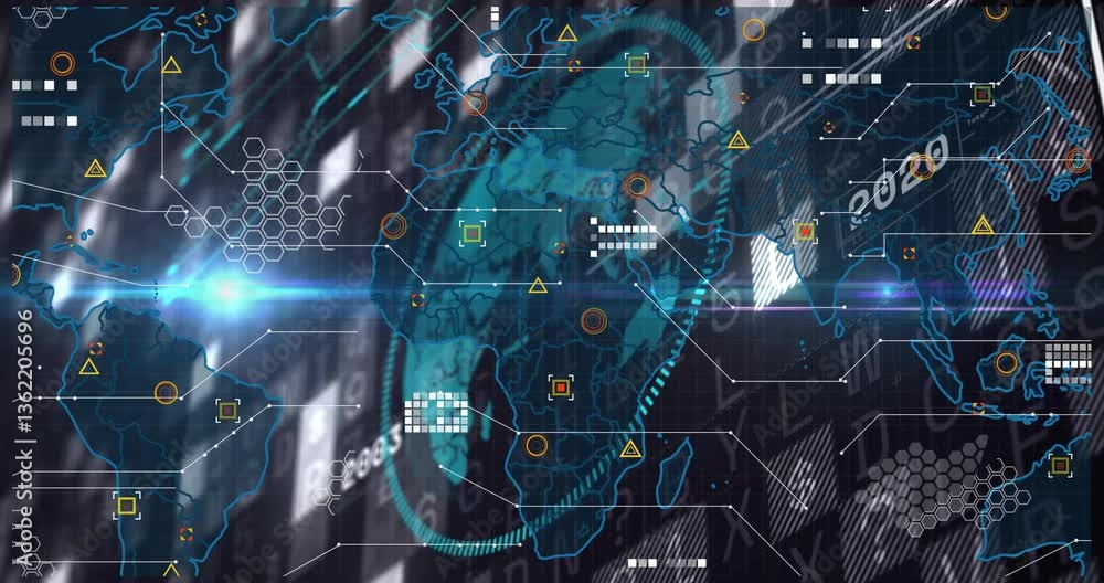 Poster Digital world map with data processing and network connections animation