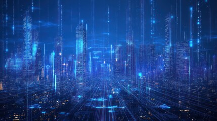 Futuristic city skyline digital network background. Possible use for technology, innovation, future, or modern design projects