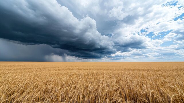 Dramatic storm clouds brewing over a golden wheat field, capturing nature's power and beauty. - Powered by Adobe