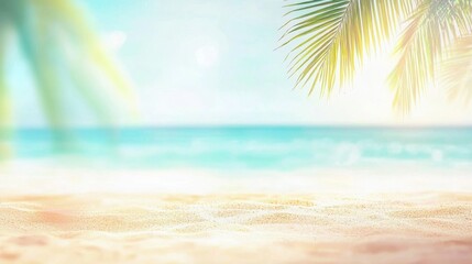 Idyllic tropical beach landscape with swaying palm tree clear turquoise ocean and golden sand under a bright sunny sky   a perfect vacation destination