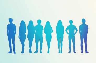 Blue Silhouettes of a Diverse Group of People Standing Together Against a Gradient Background