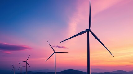 Fototapeta premium Wind turbines against a colorful sunset sky.