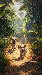 Obraz premium Three happy puppies are running on a sunny jungle pathway