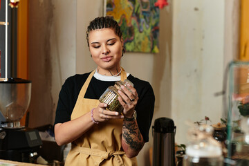 Young woman enjoying her time crafting unique blends at a cozy cafe