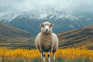 Fototapeta premium Serene Sheep Grazing in Majestic Mountain Landscape
