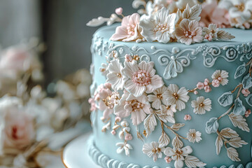 Pastel Blue Vintage Wedding Cake with Kitsch Frosting – Charming Stock Photography