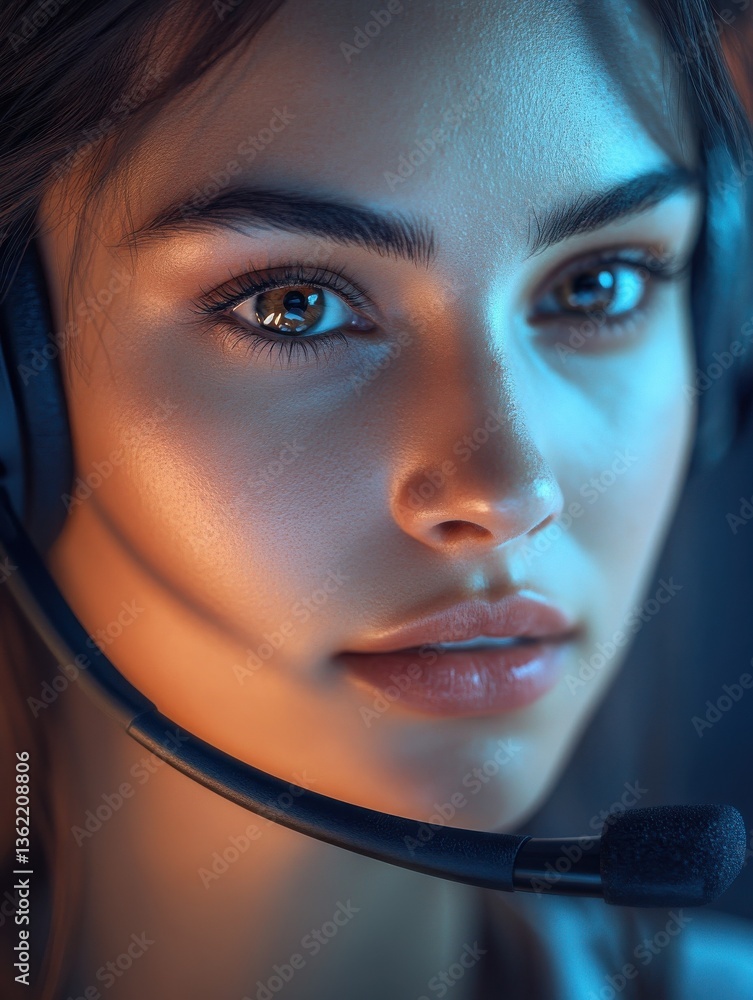 Poster closeup of a female call center agent handling customer queries professional and attentive with a he