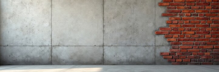 Obraz premium Rustic concrete wall with exposed brick and metal reinforcement , Construction Materials, Modern Architecture, Architectural Details