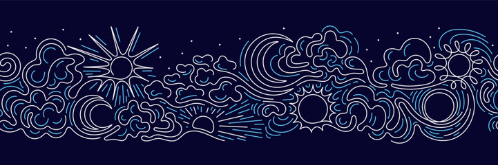 Sun, moon, cloud, blue ocean seamless line pattern
