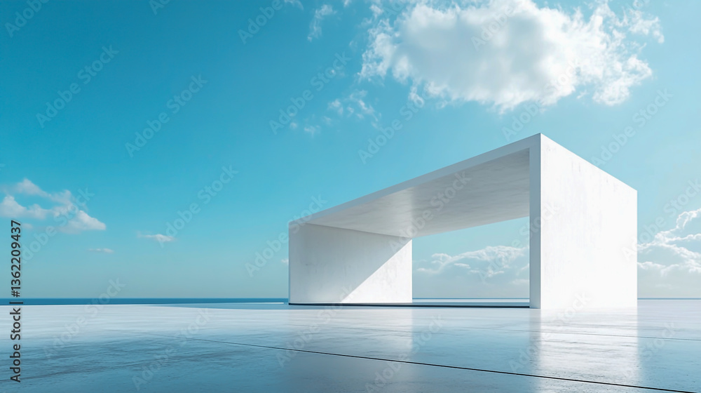 Poster 3d rendering of a simple, minimal architectural structure with a blue sky background
