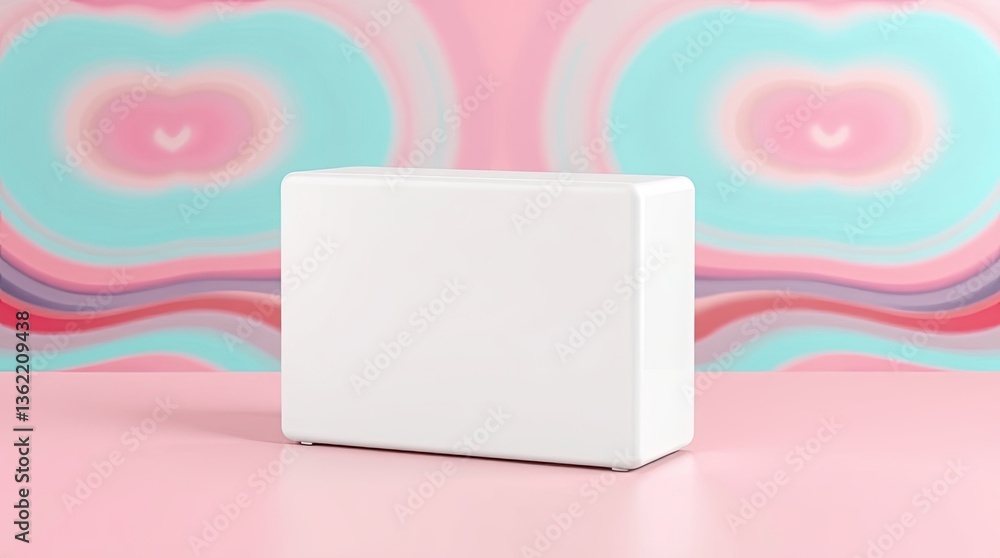 Poster rectangular white box on pink surface with colorful backdrop