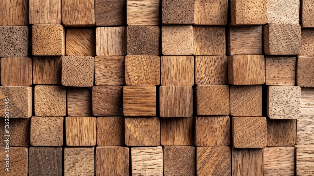 Poster a close-up view of assorted wooden cubes, showcasing various textures and shades of brown, arranged 