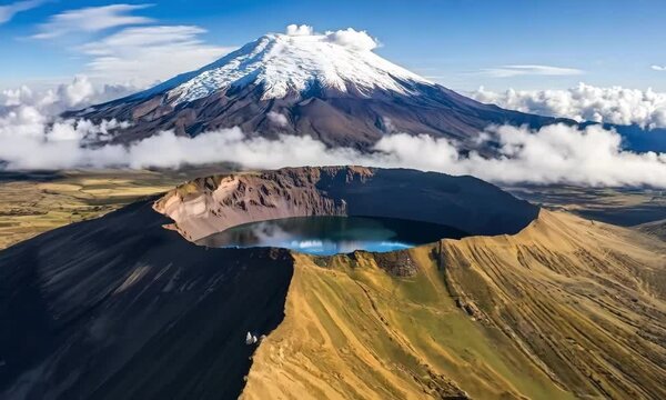 The massive volcanic crater of Cotopaxi, a snow-capped peak towering over the Ecuadorian landscape