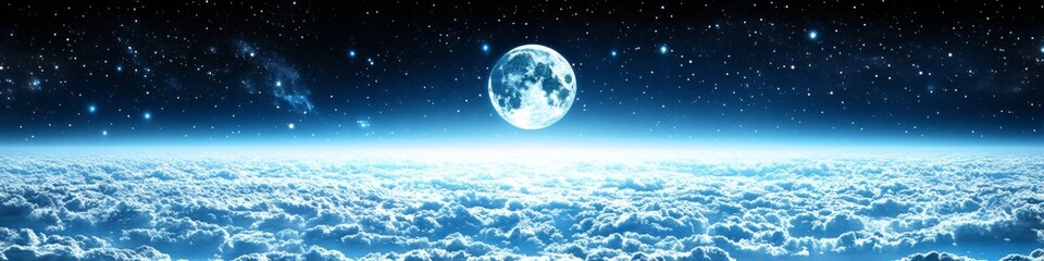 Fototapeta premium Full Moon Over a Sea of Clouds A Breathtaking Night Sky With Stars and a Luminous Orb.
