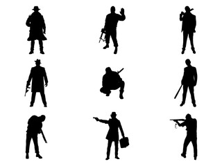 Set of Gangster Silhouette in various poses isolated on white background