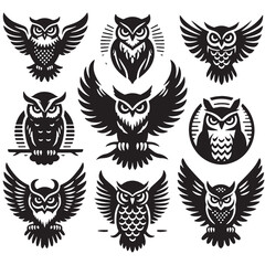 Black Color Owl Silhouette Vector Illustration, Solid White Background