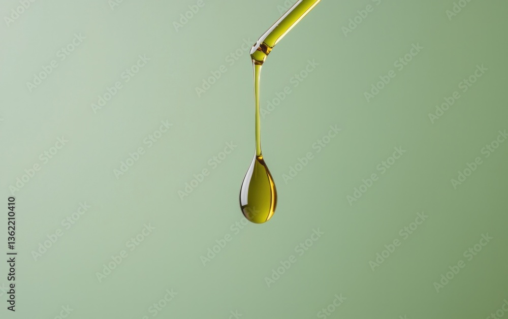 Poster close-up view of a golden liquid drop falling from a glass pipette against a pale green background. 