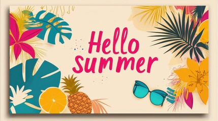 Vibrant tropical summer background filled with colorful palm leaves flowers pineapple sunglasses and other beach themed elements creating a cheerful energetic
