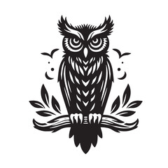 Black Color Owl Silhouette Vector Illustration, Solid White Background