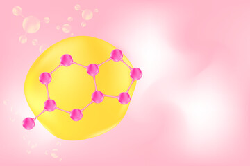 Glowing 3d pink molecule icon, fluid gradient background with copy space. Elegant molecular formula, beauty science technology product backdrop, cosmetics commercial banner