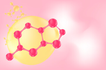 Glowing 3d pink molecule icon, fluid gradient background with copy space. Elegant molecular formula, beauty science technology product backdrop, cosmetics commercial banner