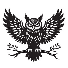 Black Color Owl Silhouette Vector Illustration, Solid White Background