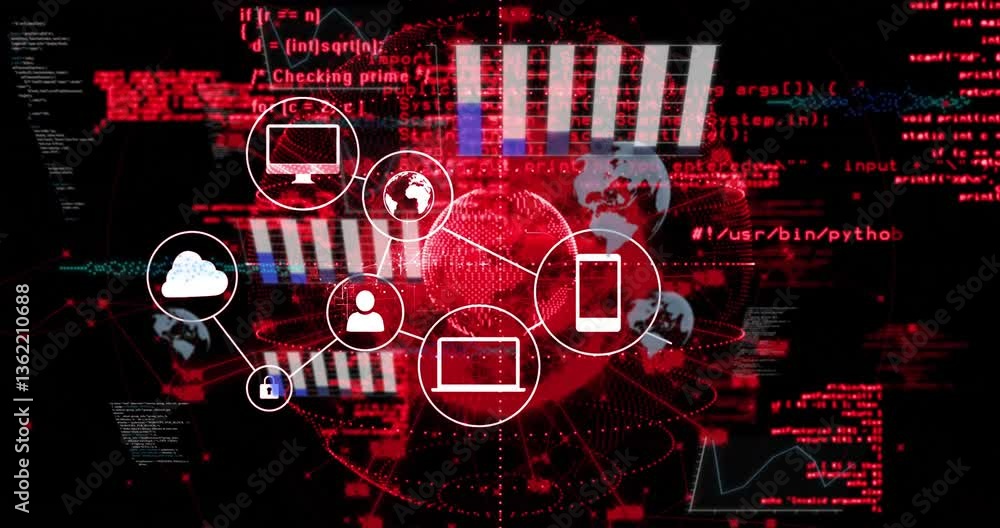 Aufkleber animation of digital network and cybersecurity symbols over red and black data