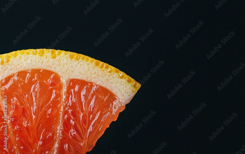 Poster close-up of a vibrant red grapefruit slice against a dark background. the juicy segments and texture