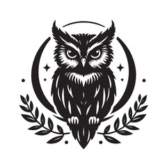 Black Color Owl Silhouette Vector Illustration, Solid White Background