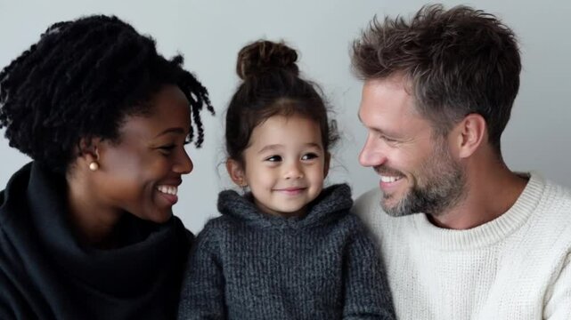 Portrait of a happy interracial family with a little girl . A concept of love, family unity, cultural diversity, and inclusion. Harmony in multicultural families, adoption, and love familly.