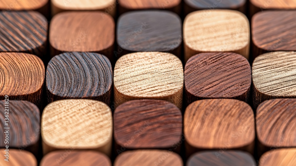 Poster a close-up view of wooden blocks with varied textures and colors, arranged in a grid pattern, showca