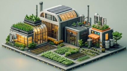 Naklejka premium A modern isometric smart farm with automated greenhouses, sensors for crop monitoring, and vertical farming structures 