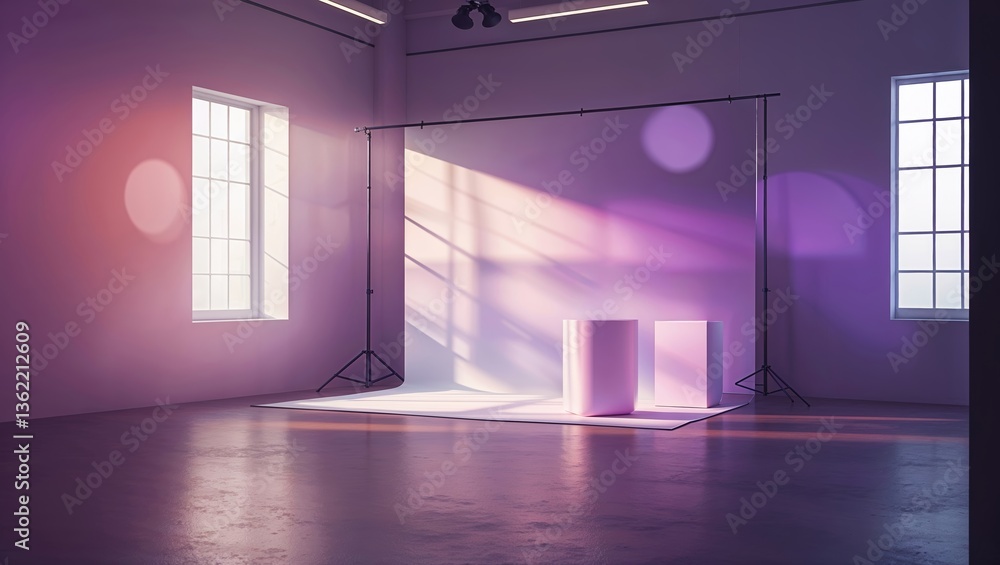 Poster modern studio space with soft lighting and vibrant shadows in a creative setting