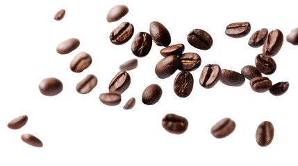 Naklejka premium Coffee Bean Dance: Roasted coffee beans levitate in a captivating dance against a clean backdrop. Witness the allure of fresh, aromatic beans in this simple, aesthetic composition.