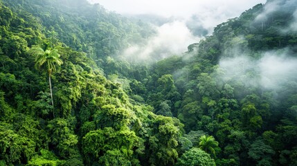 Lush green rainforest shrouded in mist, showcasing diverse vegetation and towering trees amidst a serene, natural environment.