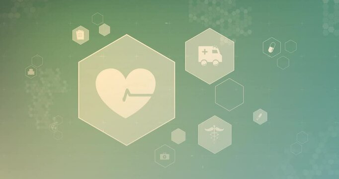 Heart and ambulance icons in animation over green hexagonal healthcare background