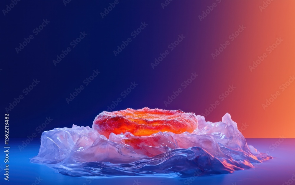 Poster abstract image of a glowing orange sphere nestled in translucent, textured material against a vibran