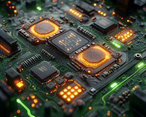 Obraz premium Close-up of an intricate glowing circuit board showing detailed components and circuit pathways