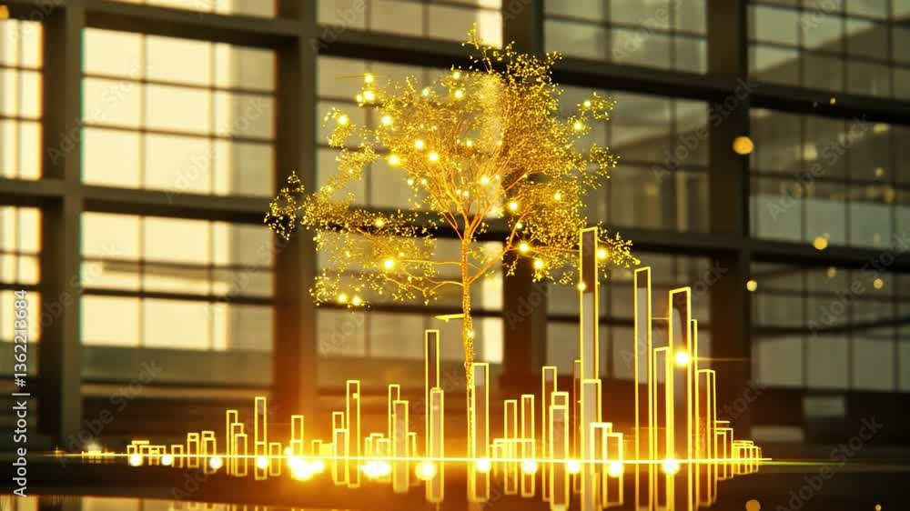 Poster glowing tree illuminated by golden light modern urban design merging nature and technology with futu