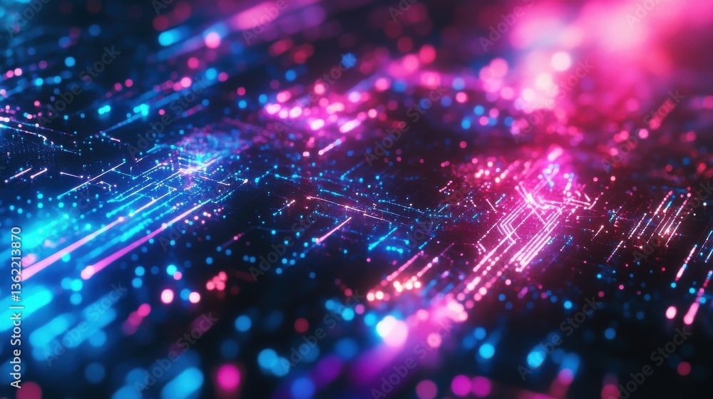 Poster abstract background with pink blue glowing neon lines and bokeh lights. data transfer concept. digit