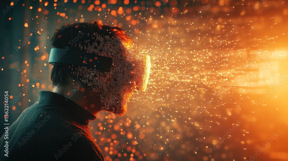 Poster immersive virtual reality experience with futuristic interface and glowing particles