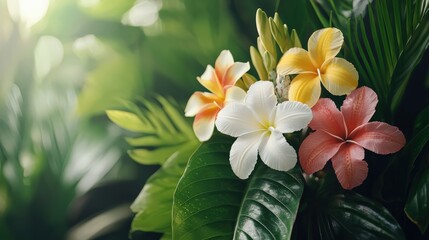 Obraz premium A vibrant display of blooming flowers in various colors, surrounded by lush green foliage, creating a serene and tropical atmosphere.